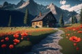 Generative AI illustration of beautiful Alpine mountain landscape of red poppy field in front of cosy cottage and mountain