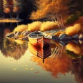 Generative AI illustration of beautiful Autumn Fall landscape scene of single rowing boat on calm lake surrounded by colorful