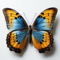 Generative ai illustration of beautiful blue yellow orange butterfly isolated on a white background Royalty Free Stock Photo