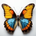 Generative ai illustration of beautiful blue yellow orange butterfly isolated on a white background Royalty Free Stock Photo