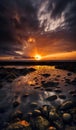 Beautiful cloudy sunset over the rocky sea shore at evening Royalty Free Stock Photo