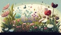 generative ai illustration of beautiful flower meadow in spring, blue sky with white clouds