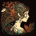 Generative AI illustration of beautiful girl with autumn leaves in her hair on dark background Royalty Free Stock Photo