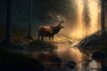 Generative AI illustration of beautiful Red Deer stag at stream in forest landscape at sunrise with glowing sun beams through the Royalty Free Stock Photo