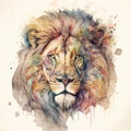 Generative AI illustration of beautiful watercolour style painting of lion portrait combined with floral abstract designs