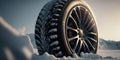 Generative AI illustration of black tire wheel with metal rim on snowy terrain against mountains and cloudless sky