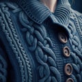 Generative AI illustration of blue warm knitted sweater with brown buttons and soft texture Royalty Free Stock Photo