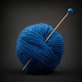 Generative AI illustration of blue woolen yarn ball with needle on black background Royalty Free Stock Photo