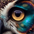 Generative AI illustration of bright orange eye of owl with colorful feathers and beak looking at camera