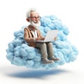 Generative ai illustration of cartoon senior man sitting on a cloud using laptop