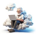 Generative ai illustration of cartoon senior man sitting on a cloud using laptop