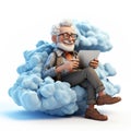 Generative ai illustration of cartoon senior man sitting on a cloud using laptop