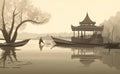 Generative AI illustration of Chinese Japanese Sumi-e style of Asian landscape peaceful Zen Buddhist image