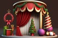 Generative AI illustration of christmas ornaments on stage with red curtains Royalty Free Stock Photo