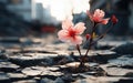 Generative ai illustration Red Pink flower growing on crack street Royalty Free Stock Photo