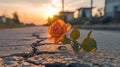 Generative ai illustration Close up on Rose flower growing on crack street Royalty Free Stock Photo