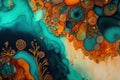 Generative AI illustration of colorful teal and orange alcogol ink spill on marble with organic growth abstract background Royalty Free Stock Photo