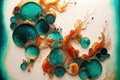 Generative AI illustration of colorful teal and orange alcogol ink spill on marble with organic growth abstract background Royalty Free Stock Photo