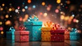 Generative ai illustration of Colourful gift boxes with confetti. Banner style