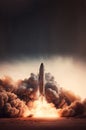 Amazing view of modern rocket flying up with burning flame and colorful smoke against dark gloomy sky in evening time AI Royalty Free Stock Photo