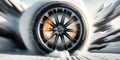 Generative AI illustration of contemporary tire wheel with metal rim placed on snowy road in winter forest