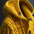 Generative AI illustration of cozy yellow knitted sweater with hood and brown buttons on gray background