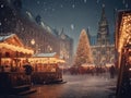 Generative AI illustration of crowd of people walking on retro European city square in Christmas market