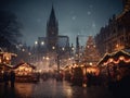 Generative AI illustration of crowd of people walking on retro European city square in Christmas market
