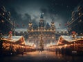 Generative AI illustration of crowd of people walking on retro European city square in Christmas market