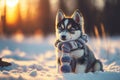 Generative AI illustration of cute adorable huskie puppy dog in Witner snowy forest landscape Royalty Free Stock Photo