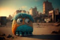 Generative AI illustration of cute adorable little alien left abandoned and homeless in big Earth city