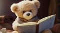 cute white teddybear reading a book