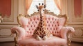 generative ai illustration of a cute young giraffe on a light pink rococo sofa