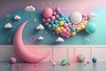 3d background with pastel colored wall with moon and stars, generative ai illustration Royalty Free Stock Photo