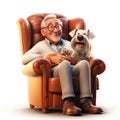 Generative ai illustration of 3d cartoon senior man stroking his dog