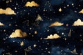 Generative AI illustration dark blue seamless pattern with gold foil constellations, stars and clouds. Watercolor Royalty Free Stock Photo