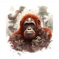 Generative ai illustration of detailed drawing illustration of a orangutan in a jungle setting