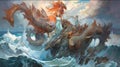 Generative AI illustration digital abstract impressionism painting of Japanese Manga style imsge of sea nymphs with sea monsters