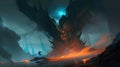 Generative AI illustration digital abstract impressionism painting of warrior hero fighting dark underworld monster fantasy