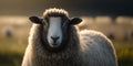 Generative AI illustration of domestic sheep with brown and white fur looking at camera against blurred backdrop of grassy Royalty Free Stock Photo