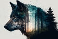 Generative AI illustration of a double exposure of a head of wolf and the forest