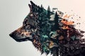 Generative AI illustration of a double exposure of a head of wolf and the forest. Generative AI.