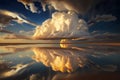 Generative AI illustration dramatic epic landscape of beautiful salt plains with dramatic cloud formations reflected in the low