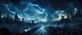 Generative ai illustration of dramatic landscape with lighting storm on road