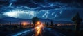 Generative ai illustration of dramatic landscape with lighting storm on road