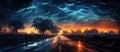 Generative ai illustration of dramatic landscape with lighting storm on road