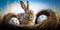 Generative AI illustration of Easter eggs in nest with rabbit