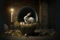 Generative AI illustration of Easter theme image of cute adorable Easter Bunny in classical painting setting