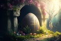 Generative AI illustration of Easter theme image of religious Easter Egg in forest landscape