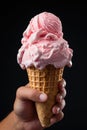 Generative ai illustration of Elegant Female hand holding strawberry ice cream cone